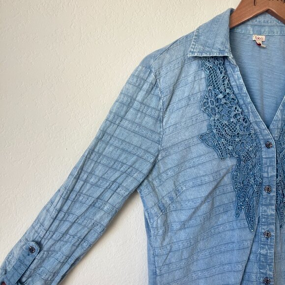Reba Top Womens Small Blue Embroidered Lace Trim Studded Button Up Blouse S - Picture 3 of 10